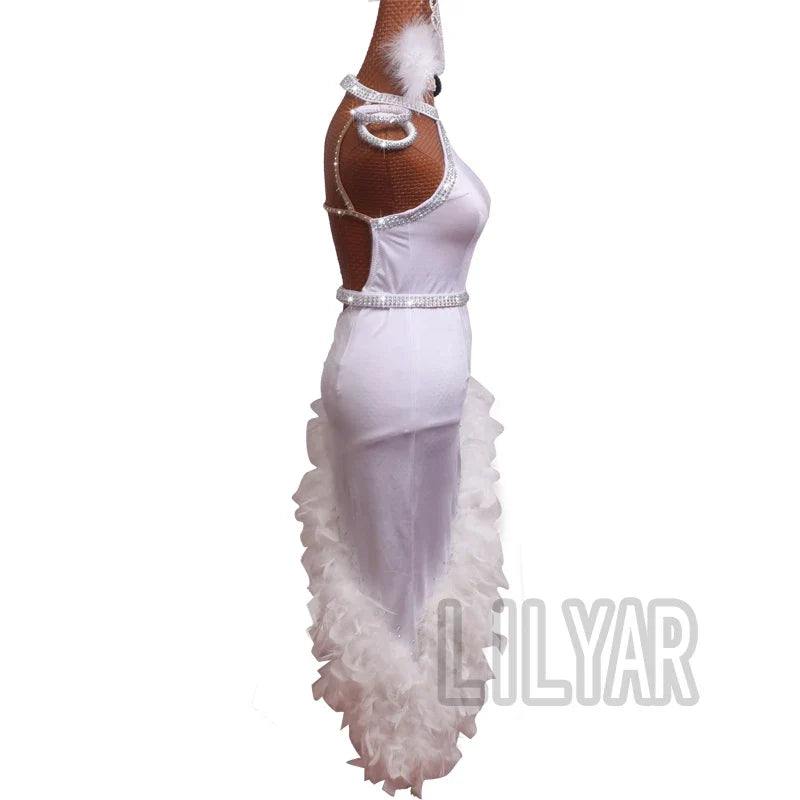 The Stardust Swan Queen – White Feathered Embroidered Latin Dance Competition Dress Set by Stardust Starlets