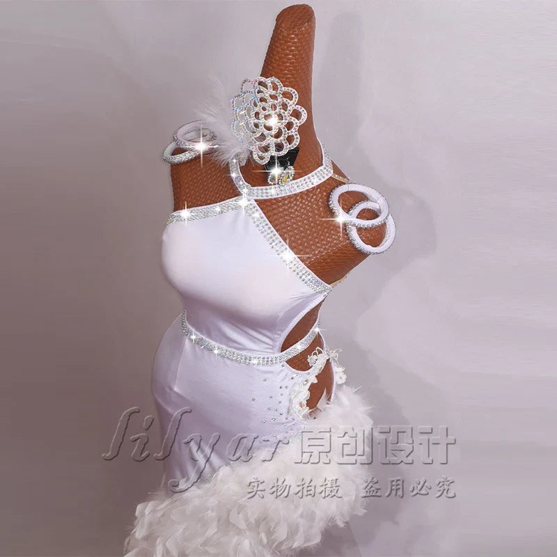 The Stardust Swan Queen – White Feathered Embroidered Latin Dance Competition Dress Set by Stardust Starlets