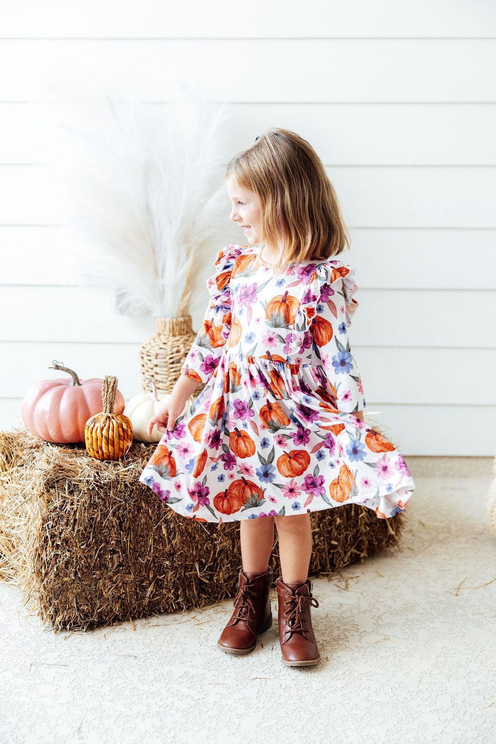 Hey Pumpkin 3/4 Sleeve Ruffle Twirl Dress by Mila & Rose ®