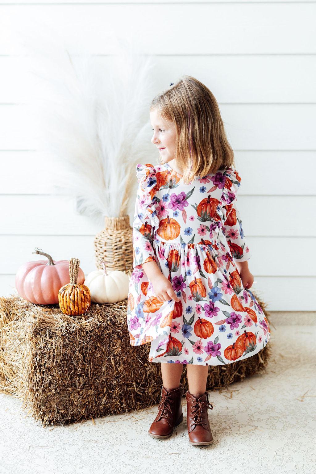 Hey Pumpkin 3/4 Sleeve Ruffle Twirl Dress by Mila & Rose ®