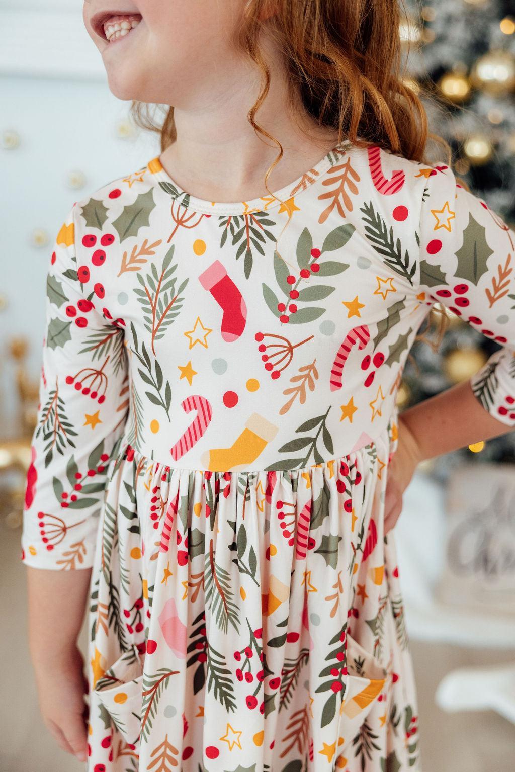 Holly Jolly Christmas 3/4 Sleeve Pocket Twirl Dress by Mila & Rose ®