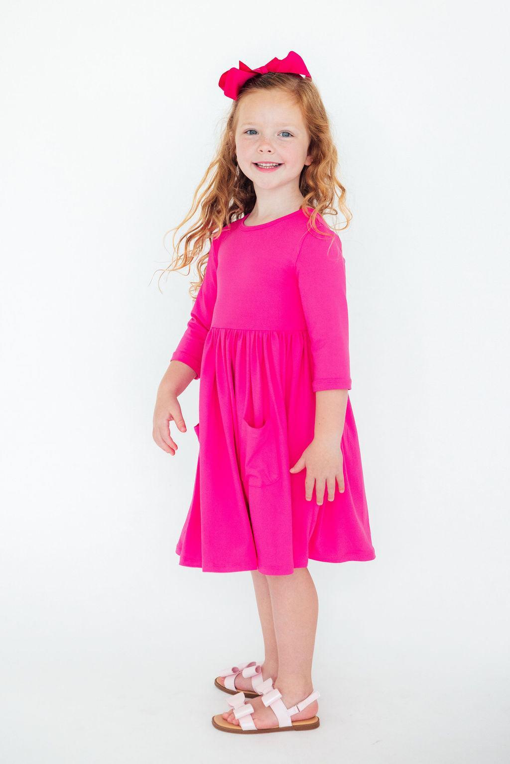 Hot Pink 3/4 Sleeve Pocket Twirl Dress by Mila & Rose ®