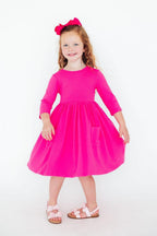 Hot Pink 3/4 Sleeve Pocket Twirl Dress by Mila & Rose ®