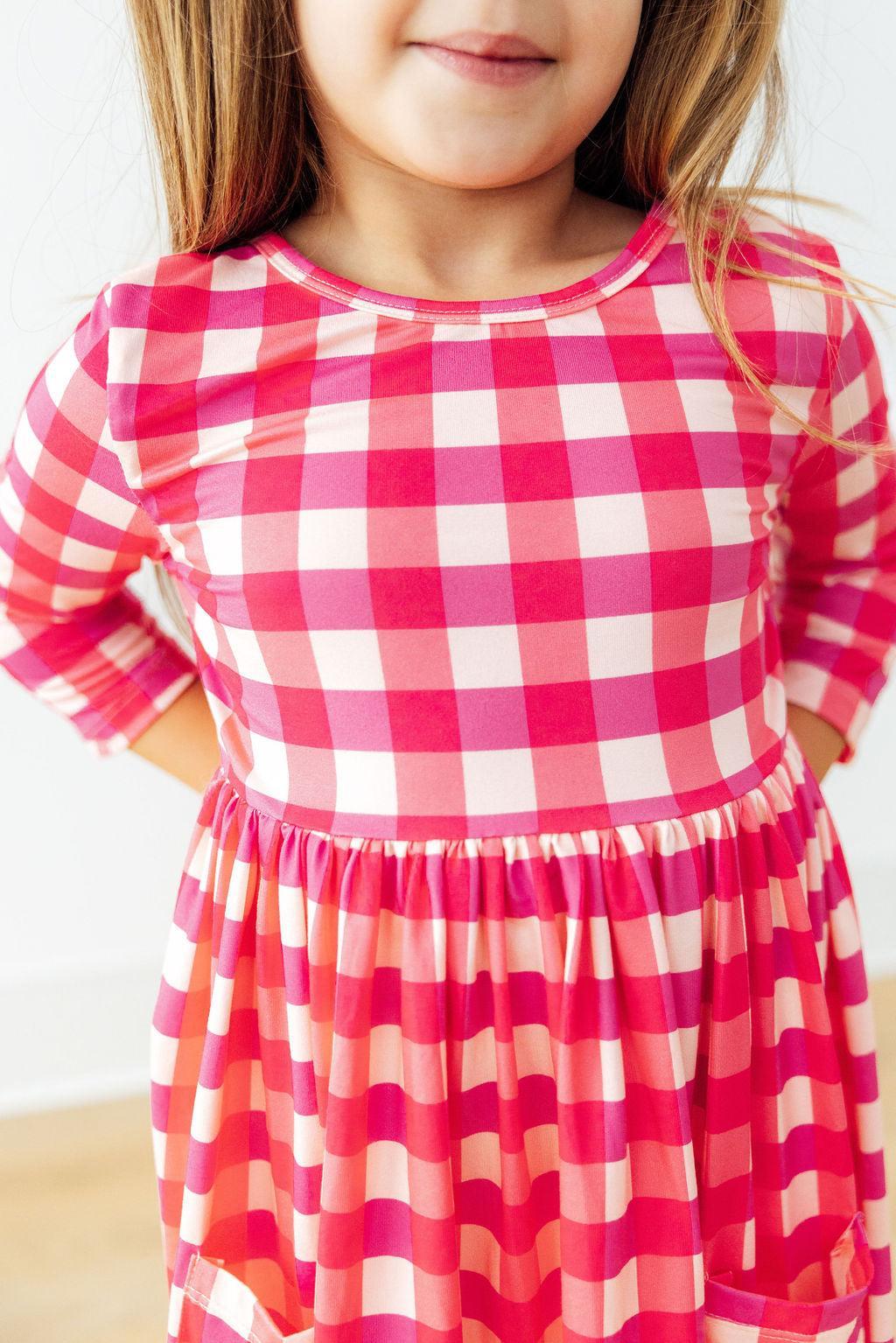 Hot Pink Gingham 3/4 Sleeve Pocket Twirl Dress by Mila & Rose ®
