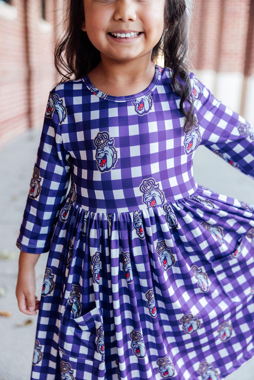 JMU Plaid Duke Dog 3/4 Sleeve Pocket Twirl Dress by Mila & Rose ®