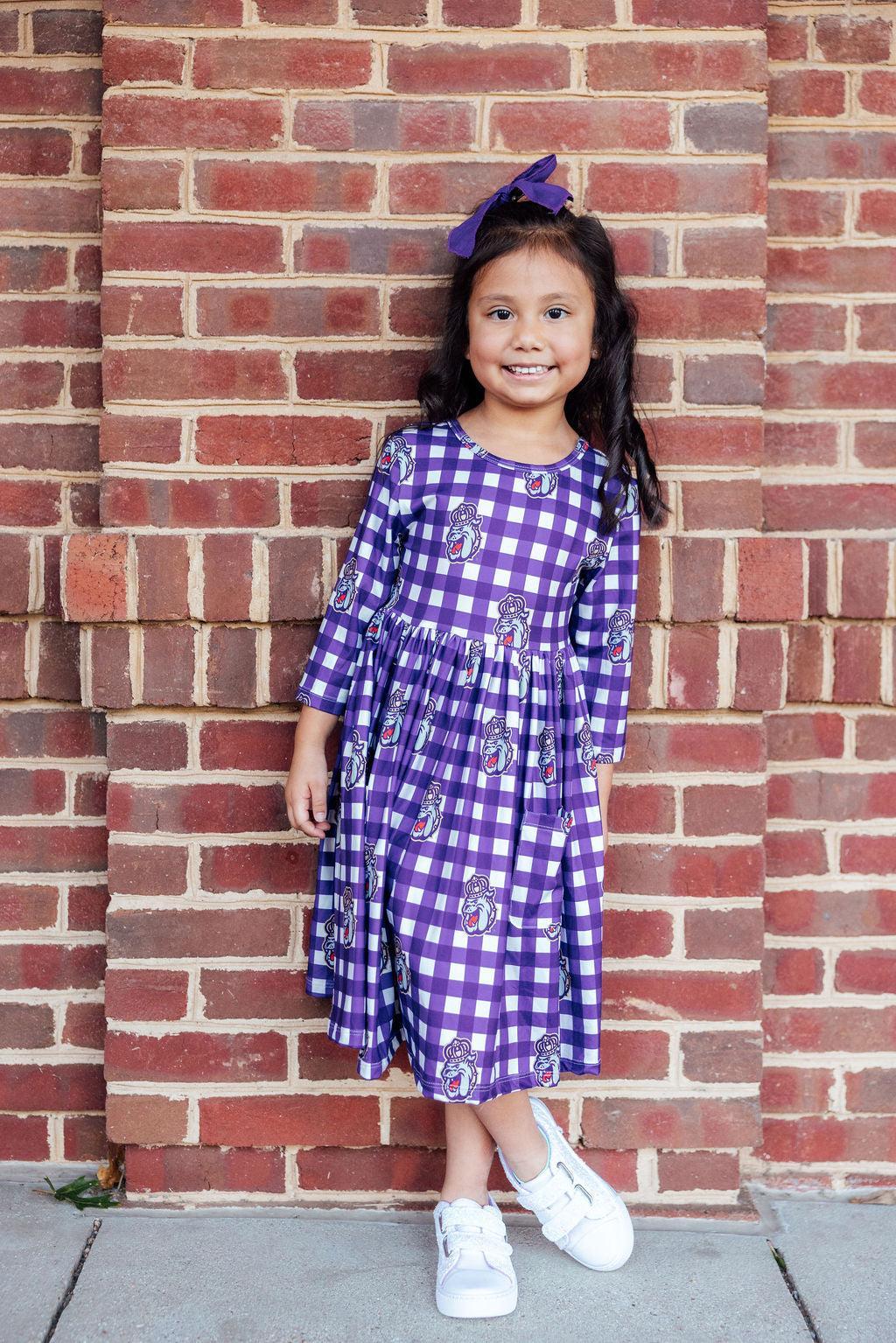 JMU Plaid Duke Dog 3/4 Sleeve Pocket Twirl Dress by Mila & Rose ®