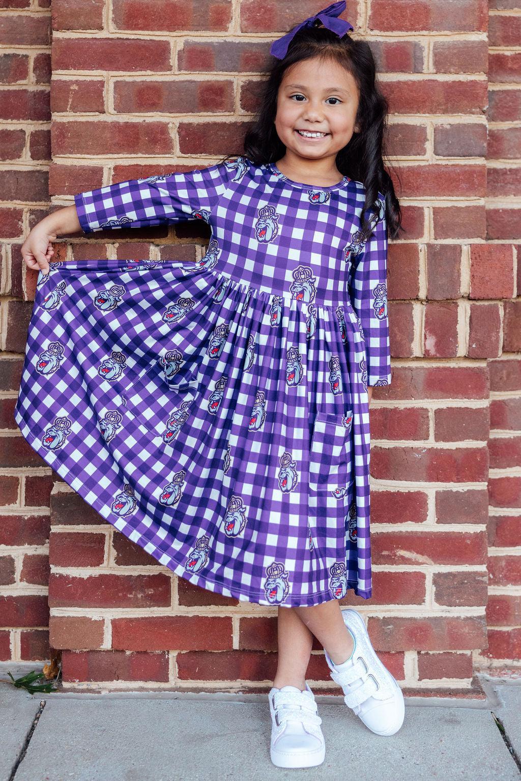 JMU Plaid Duke Dog 3/4 Sleeve Pocket Twirl Dress by Mila & Rose ®