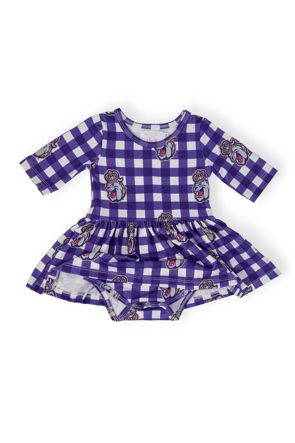 JMU Plaid Duke Dog 3/4 Sleeve Twirl Bodysuit by Mila & Rose ®