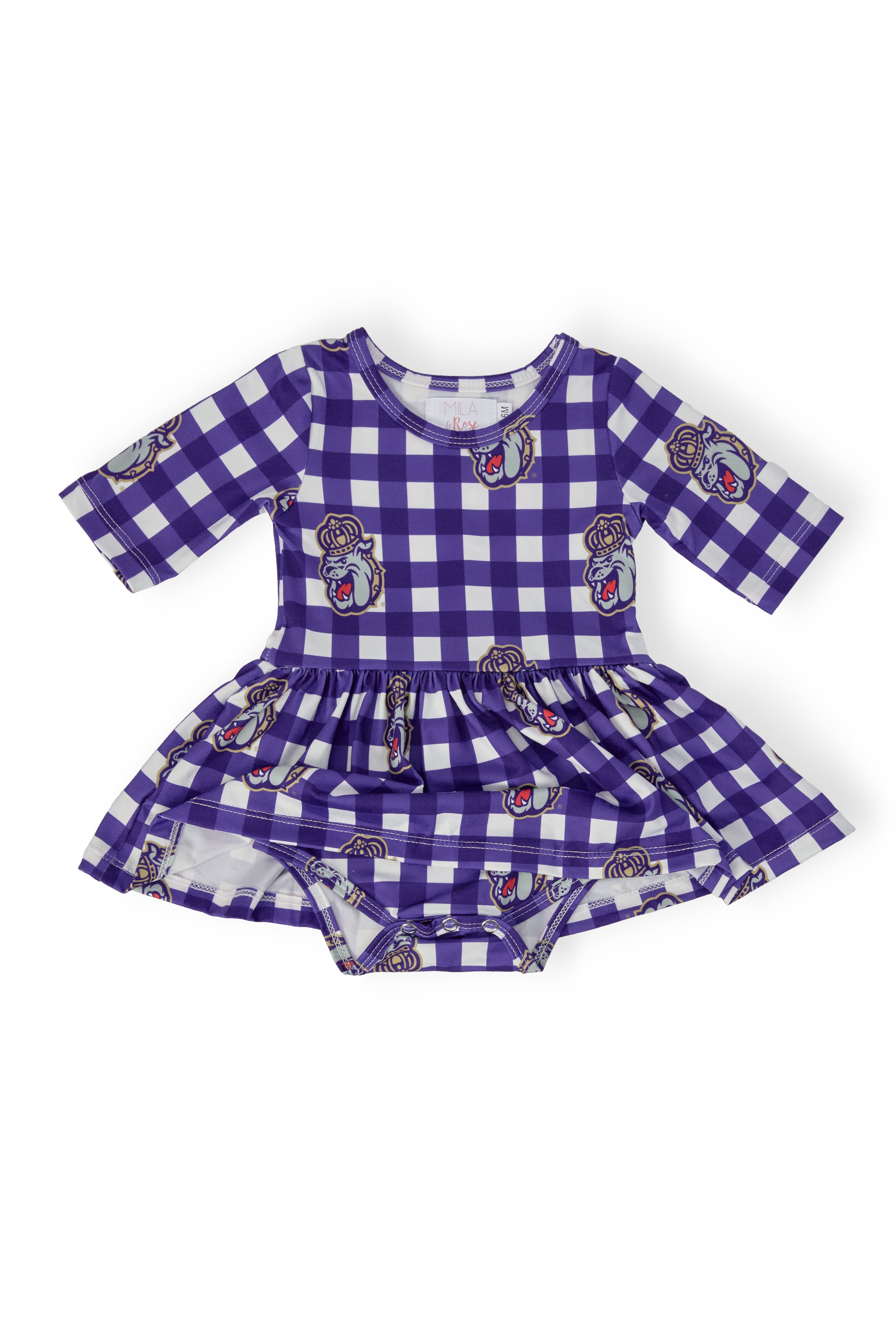 JMU Plaid Duke Dog 3/4 Sleeve Twirl Bodysuit by Mila & Rose ®