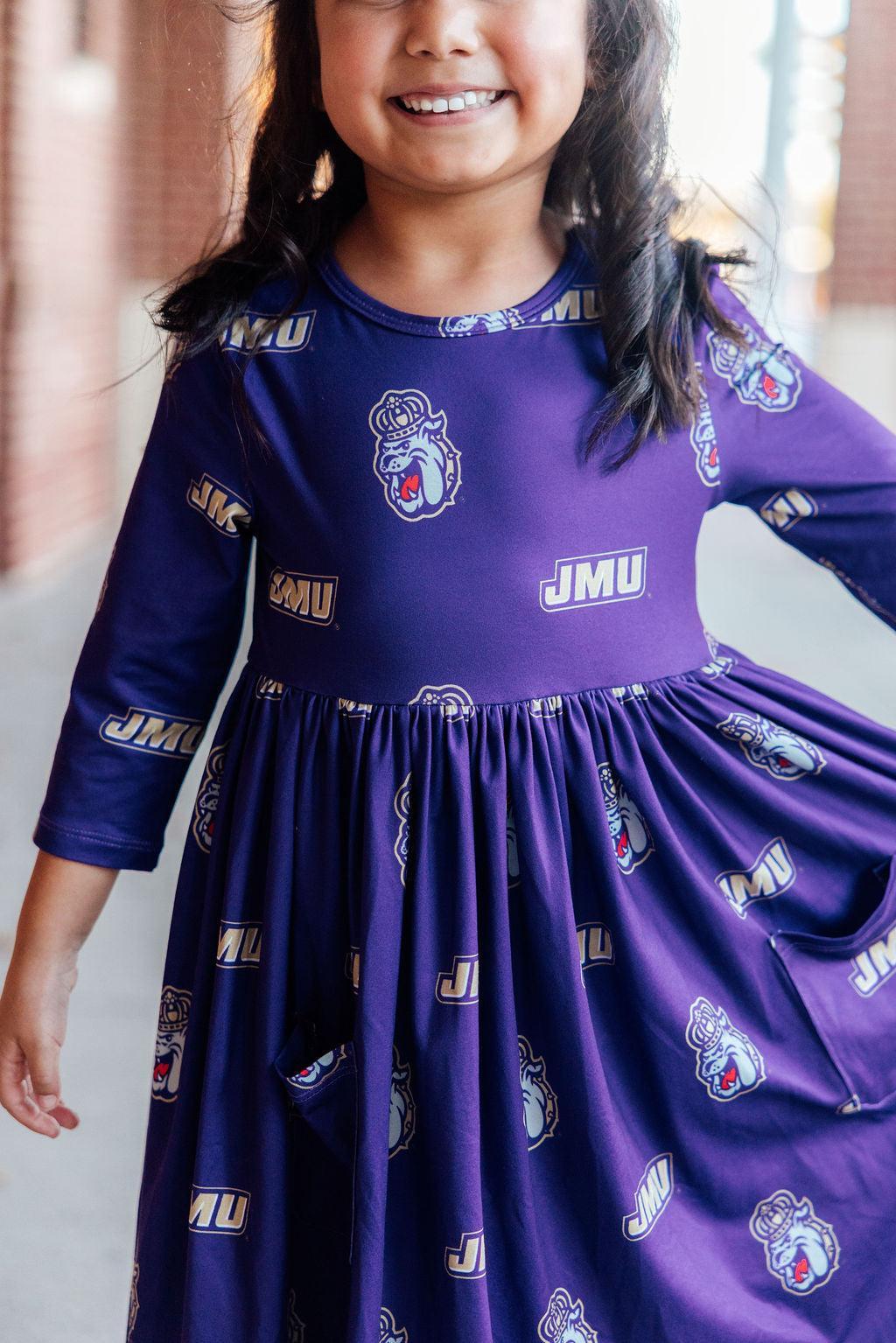 JMU Purple Duke Dog 3/4 Sleeve Pocket Twirl Dress by Mila & Rose ®