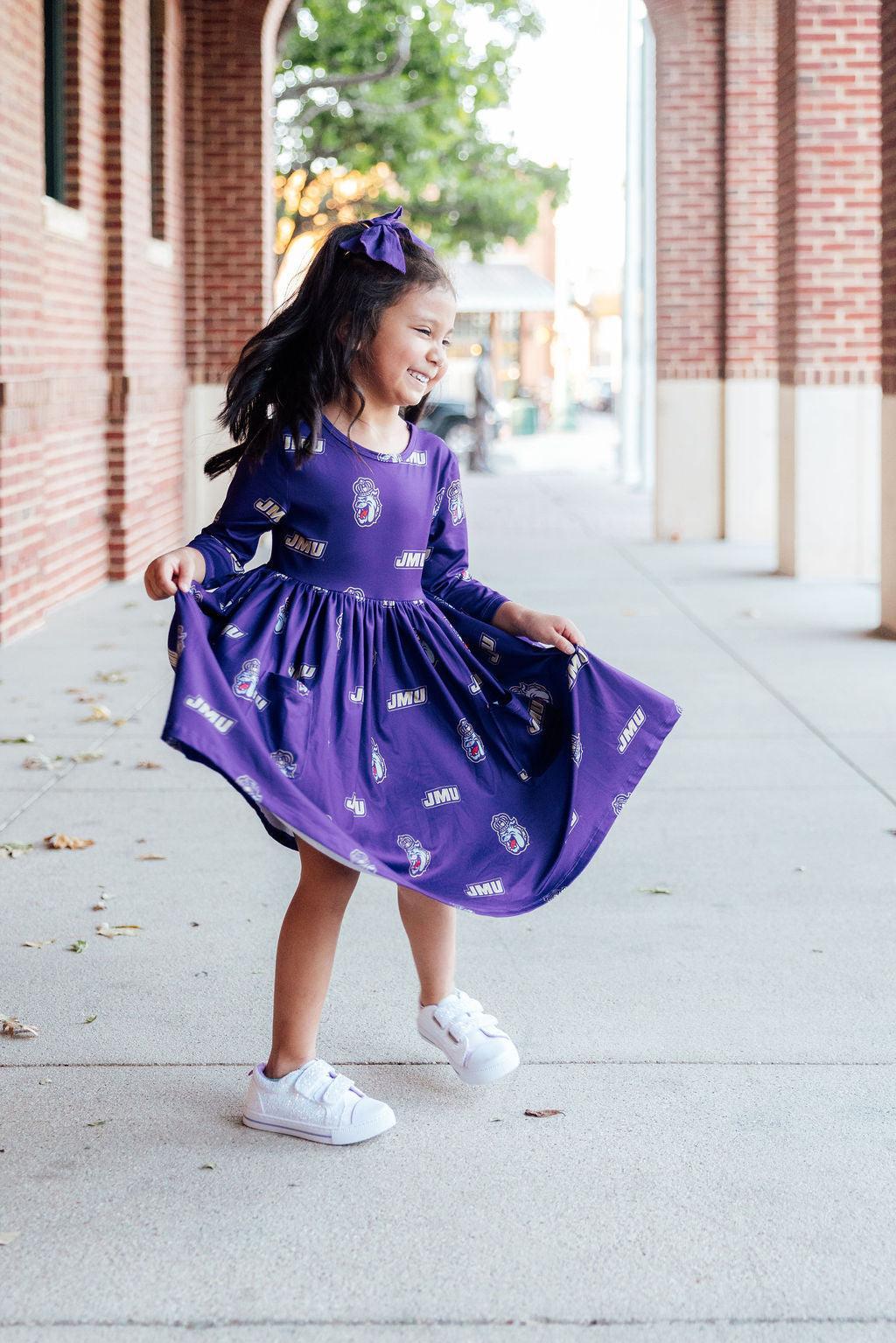 JMU Purple Duke Dog 3/4 Sleeve Pocket Twirl Dress by Mila & Rose ®