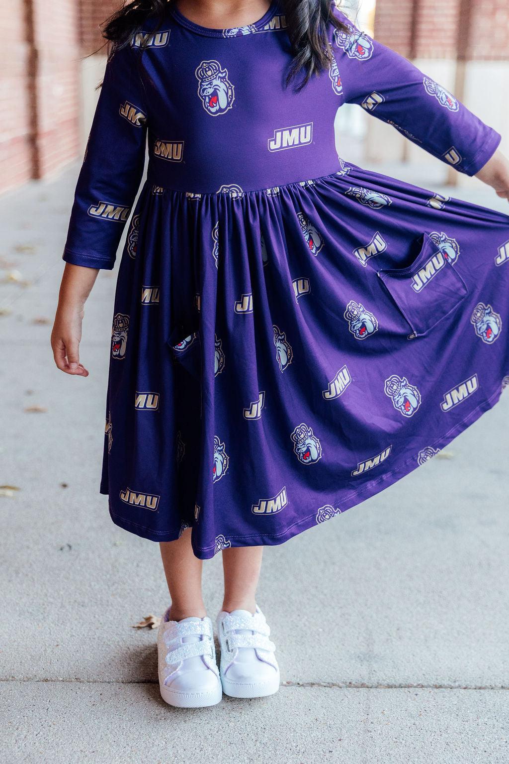 JMU Purple Duke Dog 3/4 Sleeve Pocket Twirl Dress by Mila & Rose ®