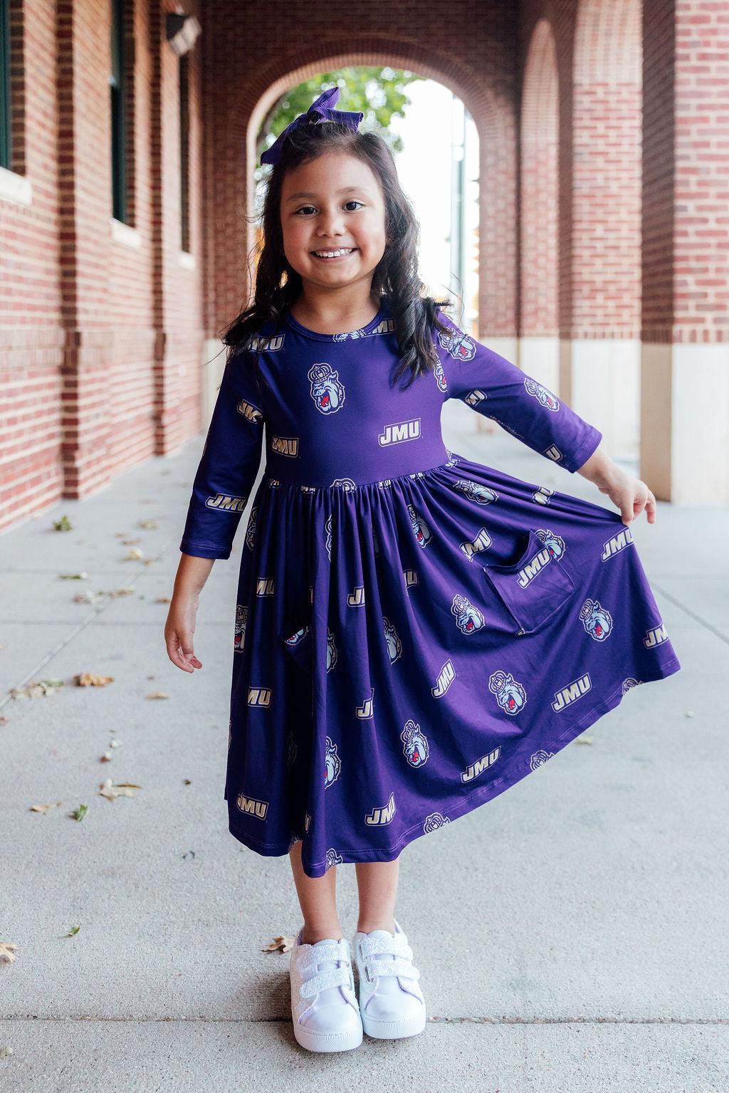 JMU Purple Duke Dog 3/4 Sleeve Pocket Twirl Dress by Mila & Rose ®