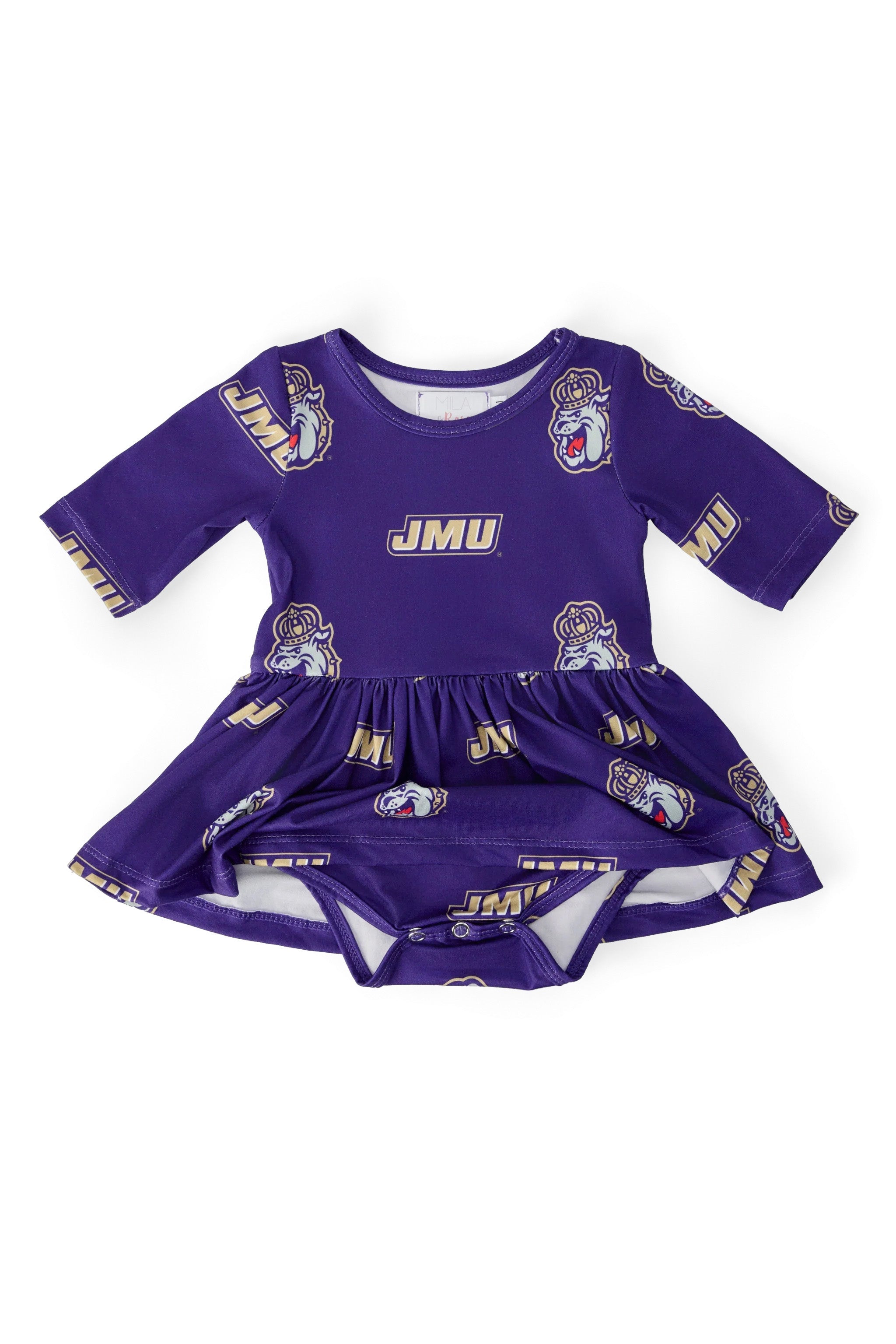 JMU Purple Duke Dog 3/4 Sleeve Twirl Bodysuit by Mila & Rose ®