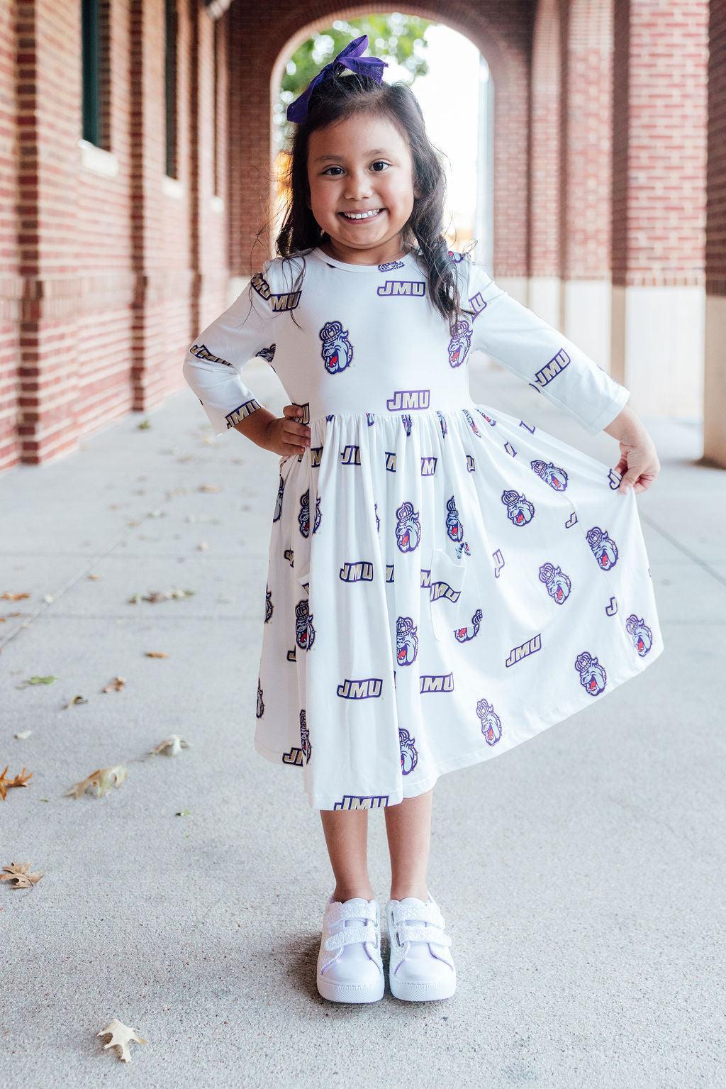 JMU White Duke Dog 3/4 Sleeve Pocket Twirl Dress by Mila & Rose ®