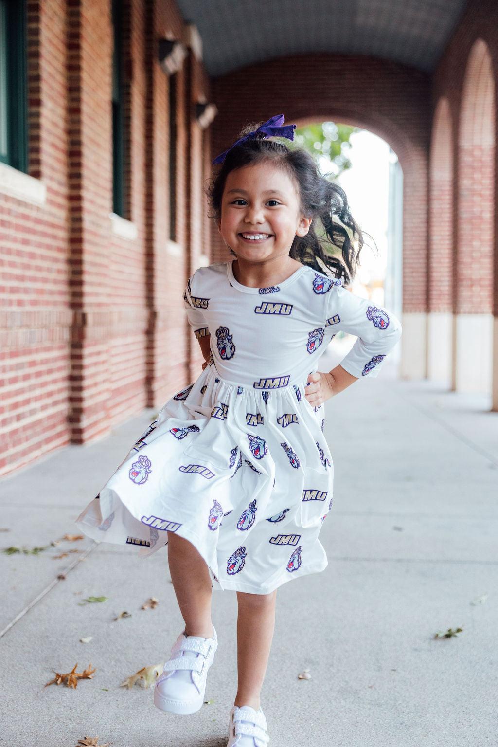 JMU White Duke Dog 3/4 Sleeve Pocket Twirl Dress by Mila & Rose ®