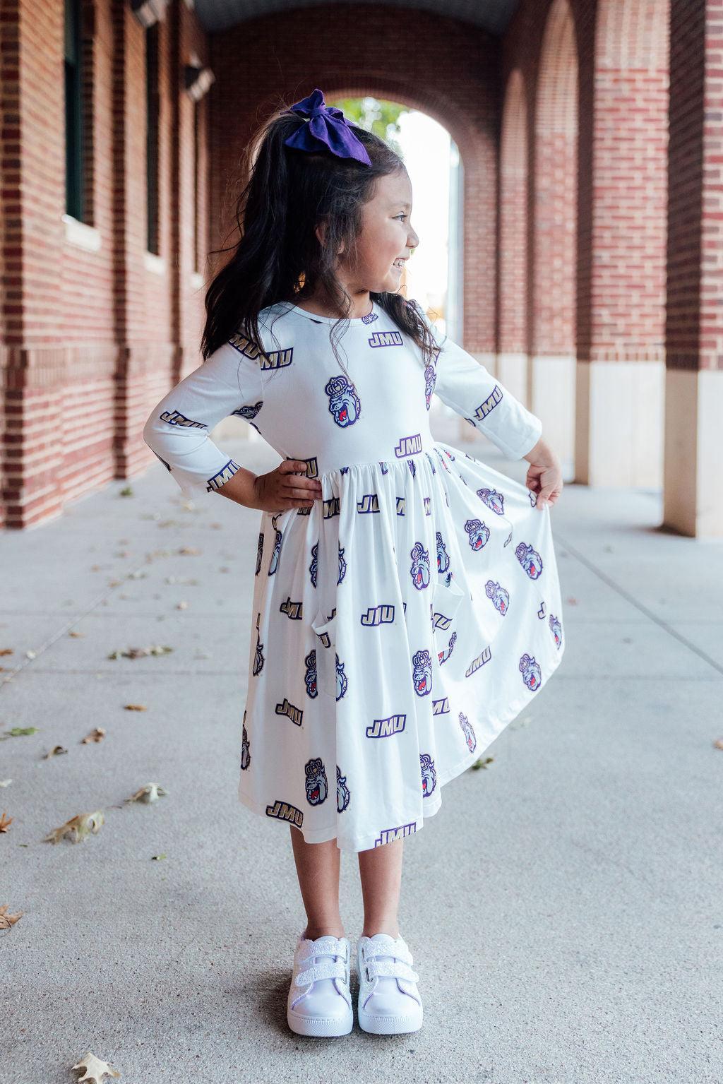 JMU White Duke Dog 3/4 Sleeve Pocket Twirl Dress by Mila & Rose ®