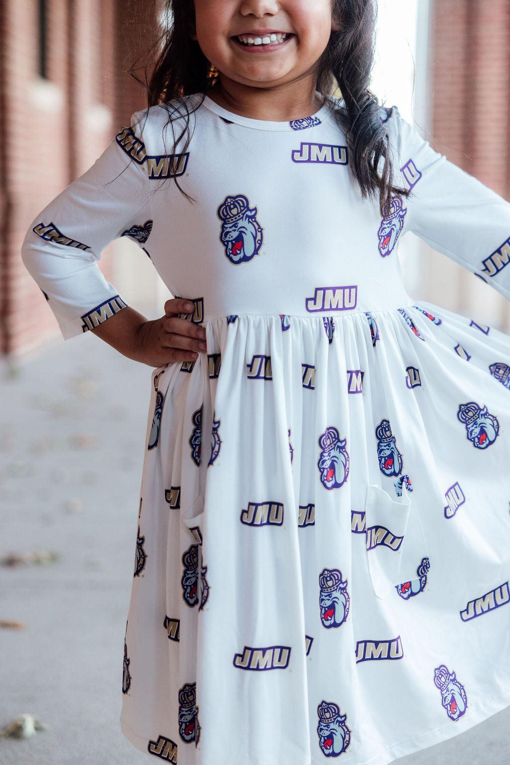 JMU White Duke Dog 3/4 Sleeve Pocket Twirl Dress by Mila & Rose ®