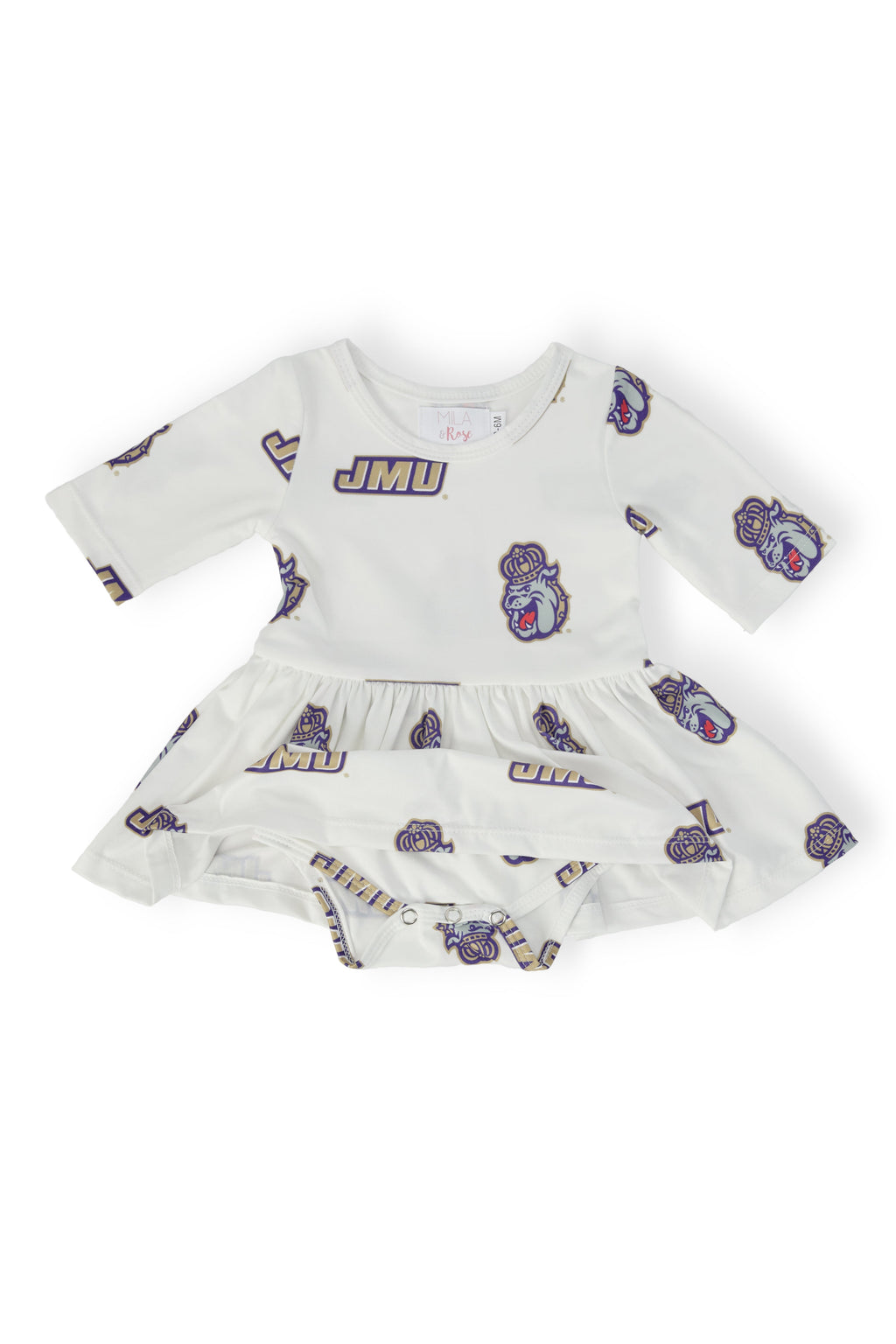 JMU White Duke Dog 3/4 Sleeve Twirl Bodysuit by Mila & Rose ®