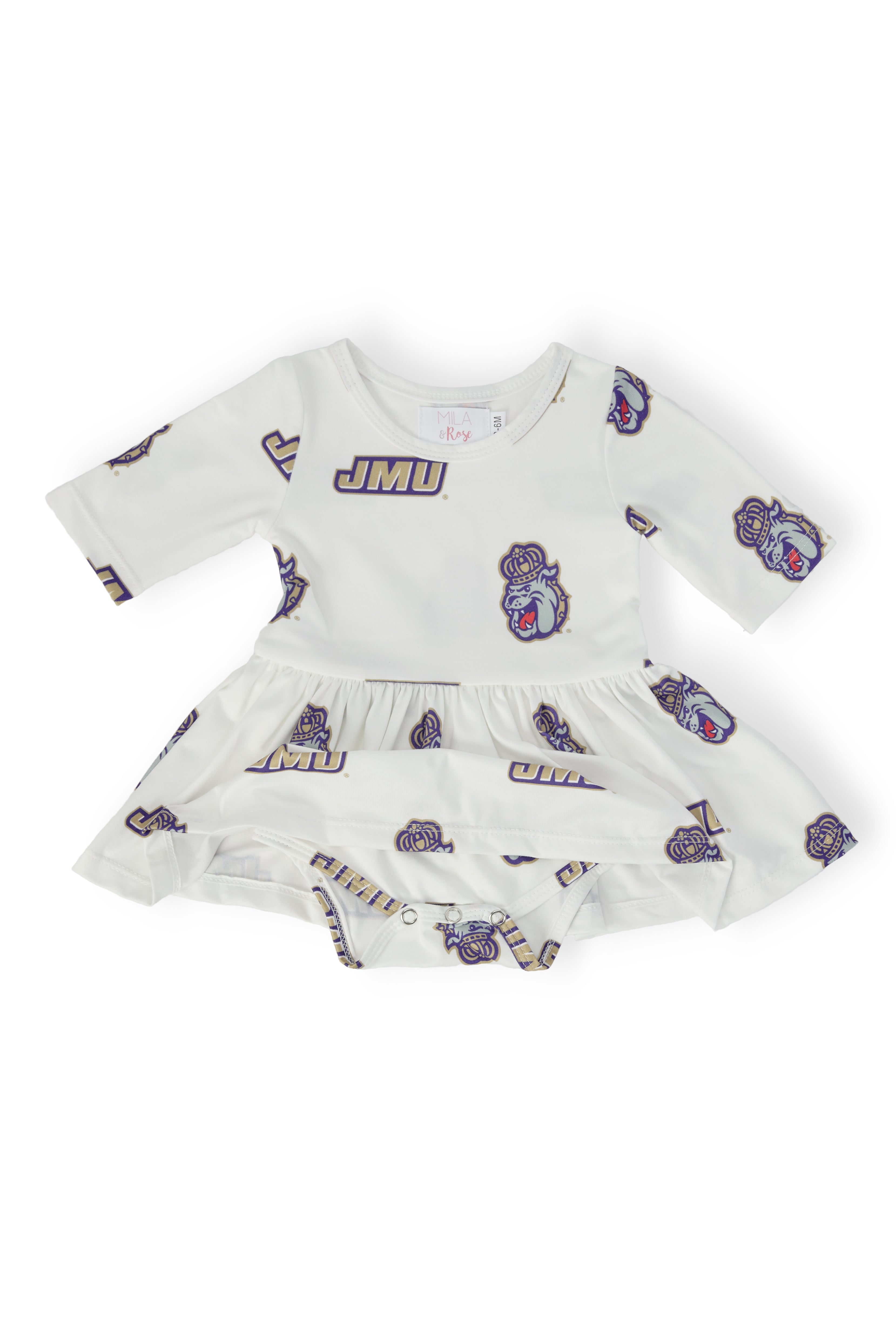 JMU White Duke Dog 3/4 Sleeve Twirl Bodysuit by Mila & Rose ®