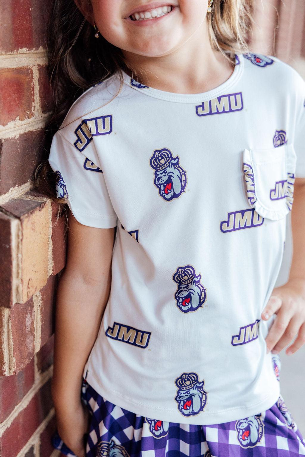 JMU White Duke Dog Ruffle Pocket Tee by Mila & Rose ®
