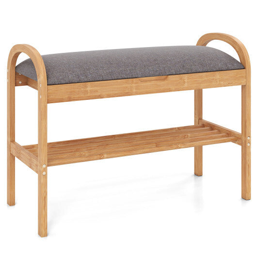 2-Tier Bamboo Shoe Bench with Storage and Padded Cushion-Gray by LuxuryLifeWay Online Store