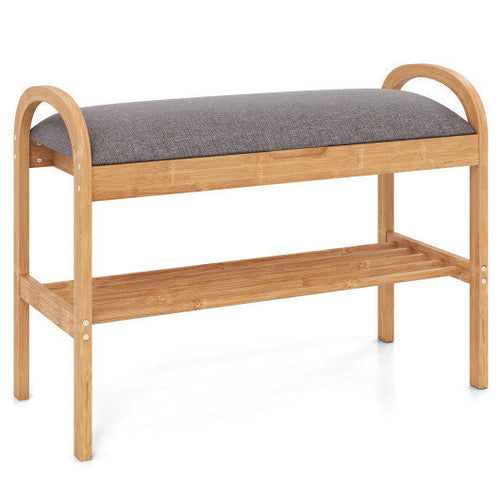 2-Tier Bamboo Shoe Bench with Storage and Padded Cushion-Gray by LuxuryLifeWay Online Store