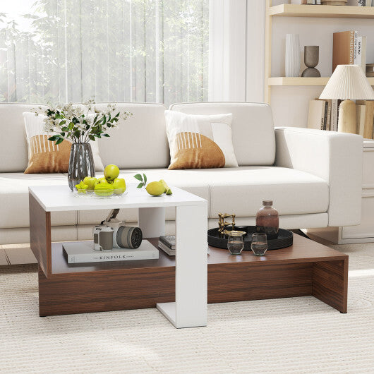 2-Tier Geometric Coffee Table with Storage Shelves for Living Room and Reception Room-White and Brown by LuxuryLifeWay Online Store