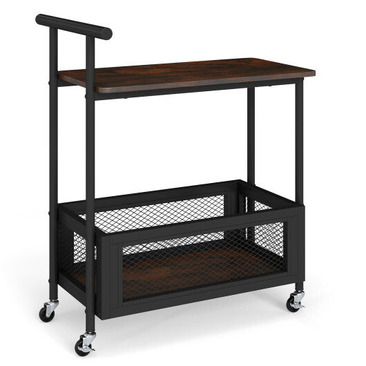 2-Tier Rolling End Table with Handle and Mesh Basket-Rustic Brown by LuxuryLifeWay Online Store