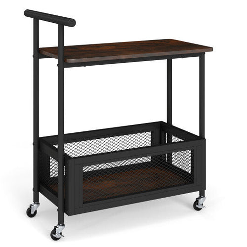 2-Tier Rolling End Table with Handle and Mesh Basket-Rustic Brown by LuxuryLifeWay Online Store