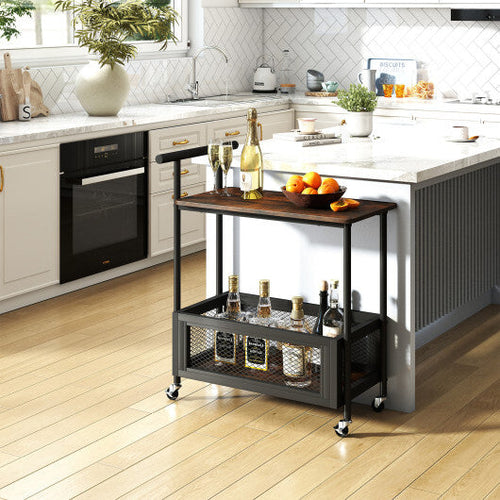 2-Tier Rolling End Table with Handle and Mesh Basket-Rustic Brown by LuxuryLifeWay Online Store