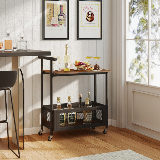 2-Tier Rolling End Table with Handle and Mesh Basket-Rustic Brown by LuxuryLifeWay Online Store