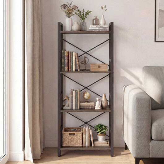 4-Tier Bookshelf Narrow Freestanding Display Shelf with Metal Frame-Oak by LuxuryLifeWay Online Store