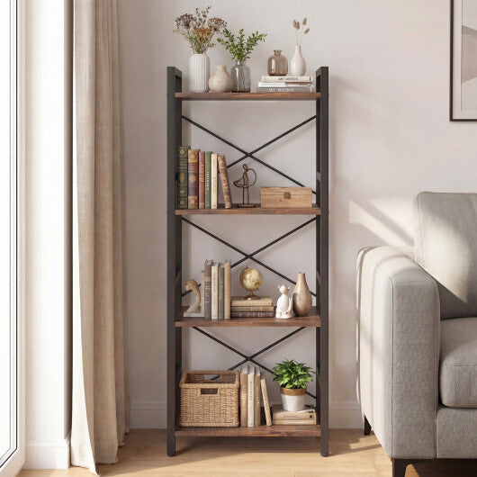 4-Tier Bookshelf Narrow Freestanding Display Shelf with Metal Frame-Oak by LuxuryLifeWay Online Store