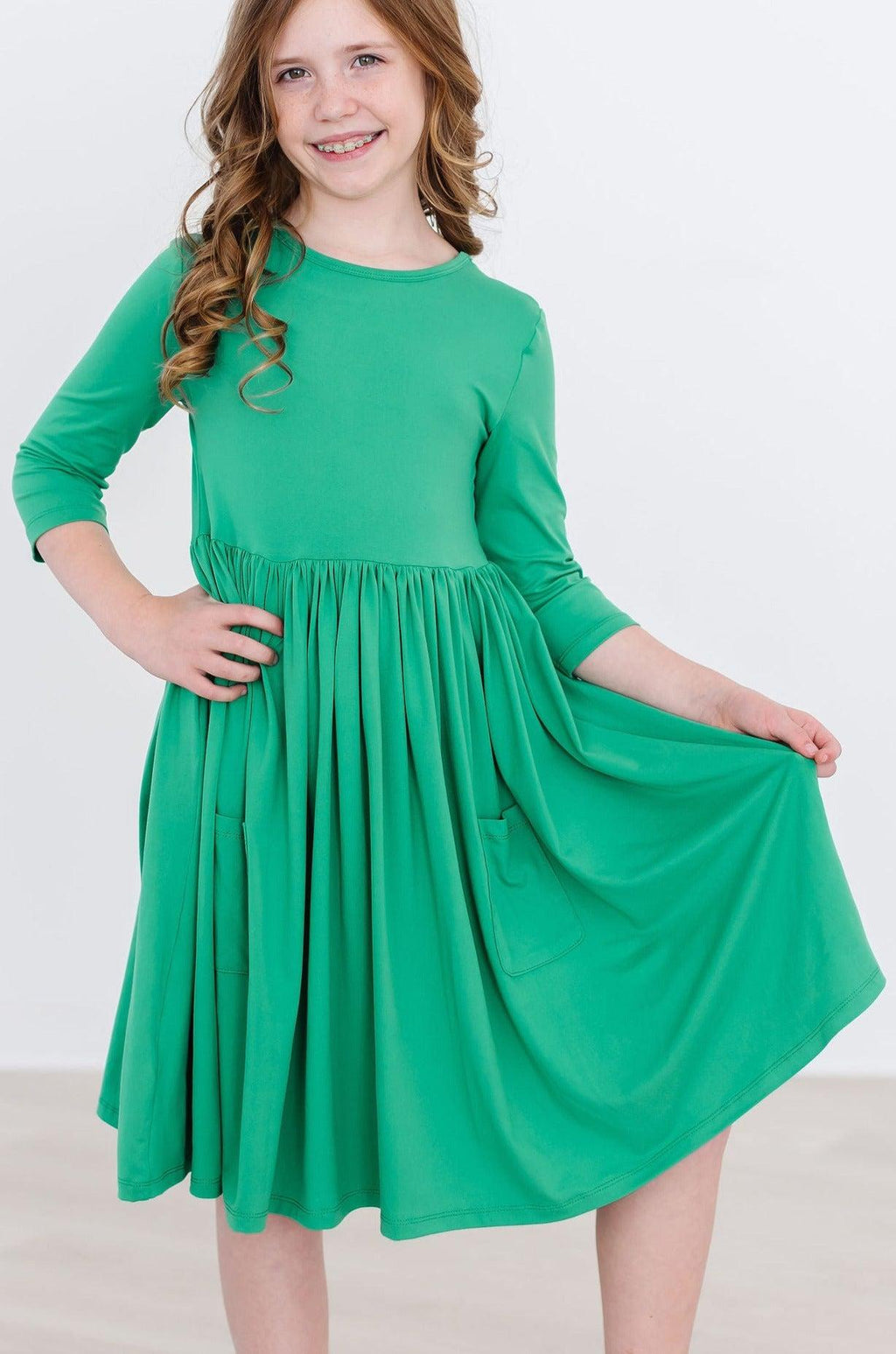 Kelly Green 3/4 Sleeve Pocket Twirl Dress by Mila & Rose ®