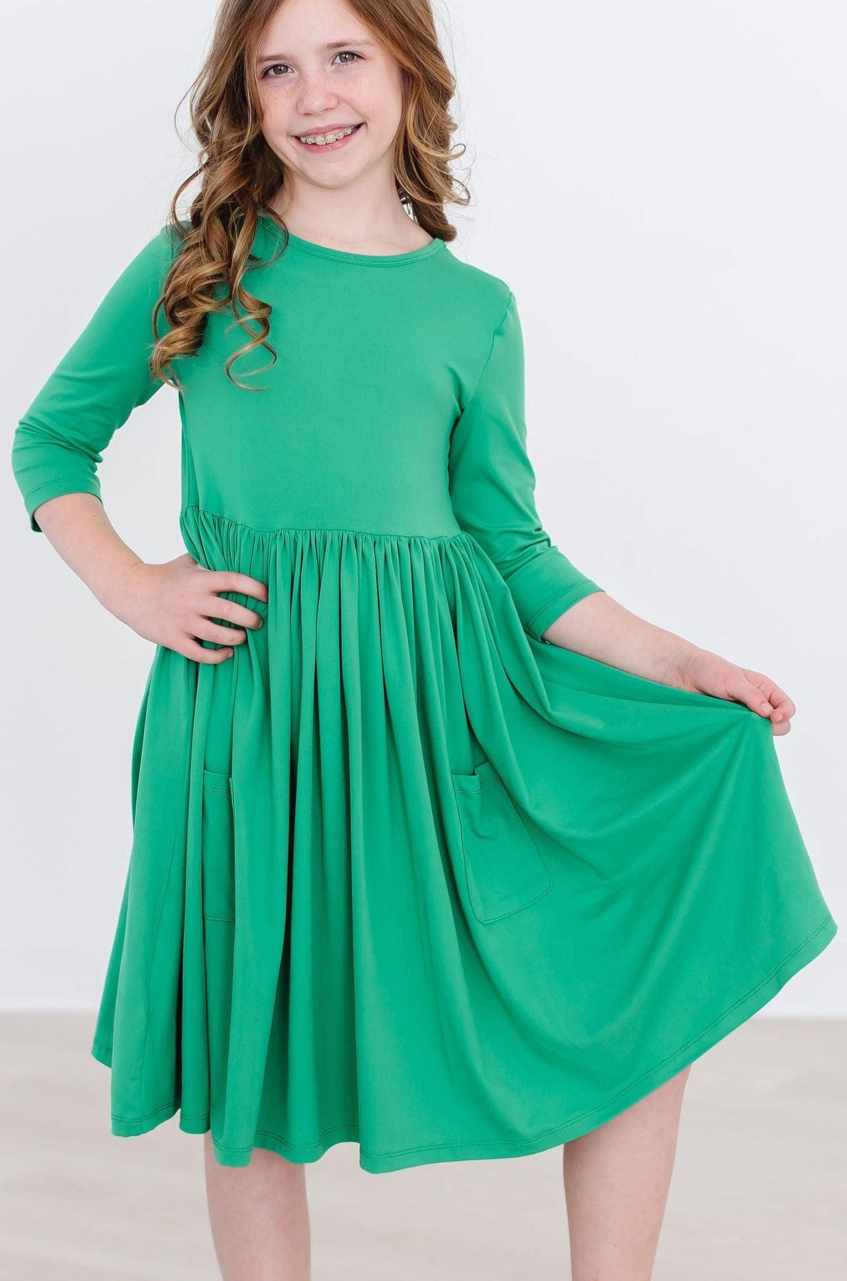 Kelly Green 3/4 Sleeve Pocket Twirl Dress by Mila & Rose ®