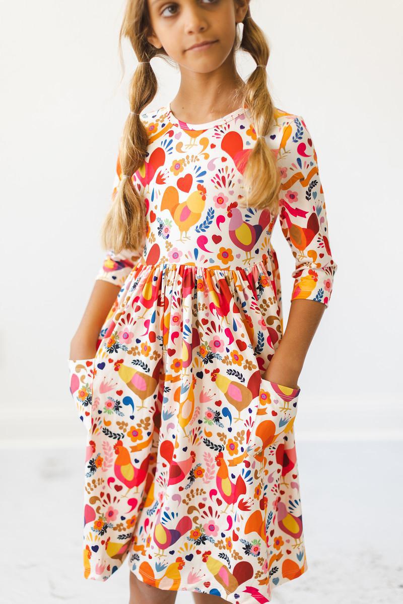 Little Red Hen 3/4 Sleeve Pocket Twirl Dress by Mila & Rose ®