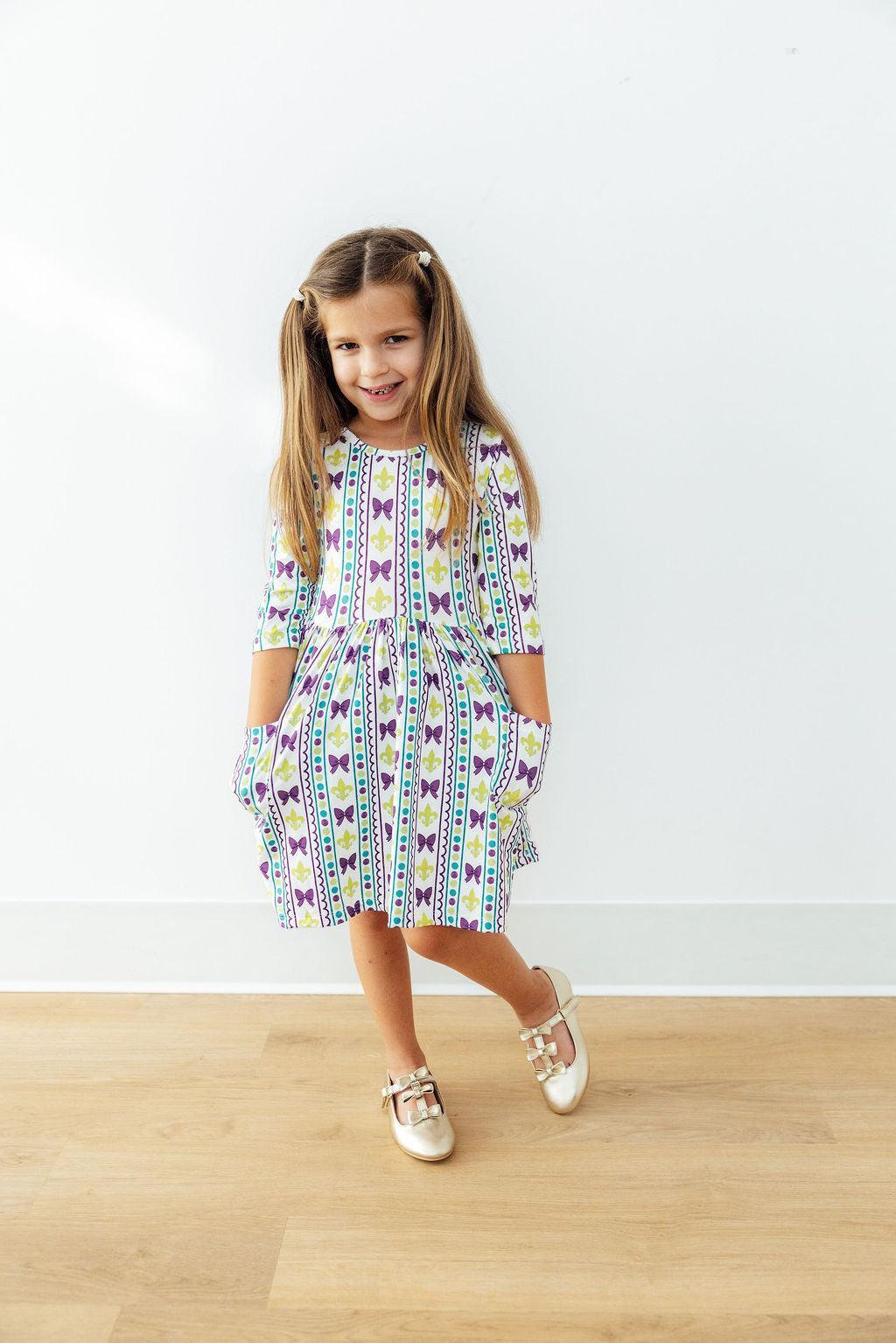 Mardi Gras 3/4 Sleeve Pocket Twirl Dress by Mila & Rose ®