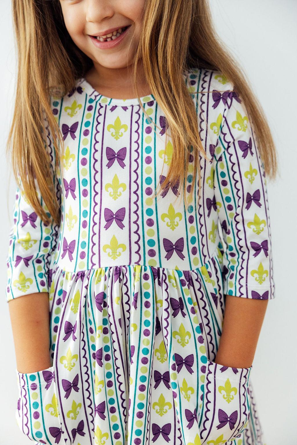 Mardi Gras 3/4 Sleeve Pocket Twirl Dress by Mila & Rose ®