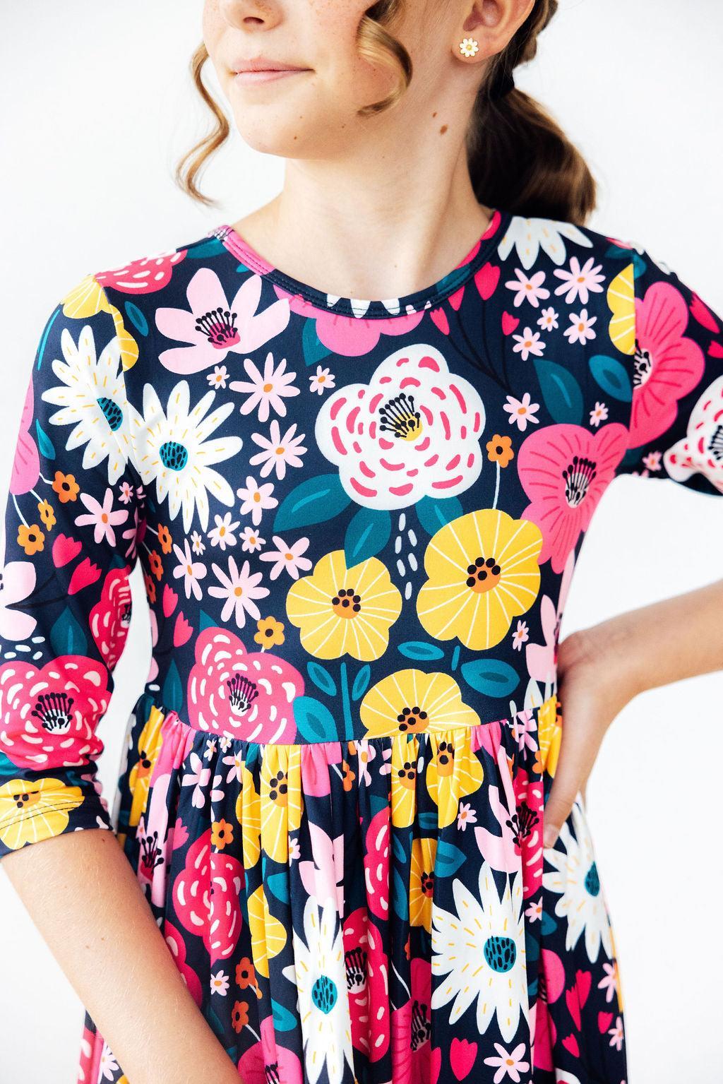 Midnight Floral 3/4 Sleeve Pocket Twirl Dress by Mila & Rose ®