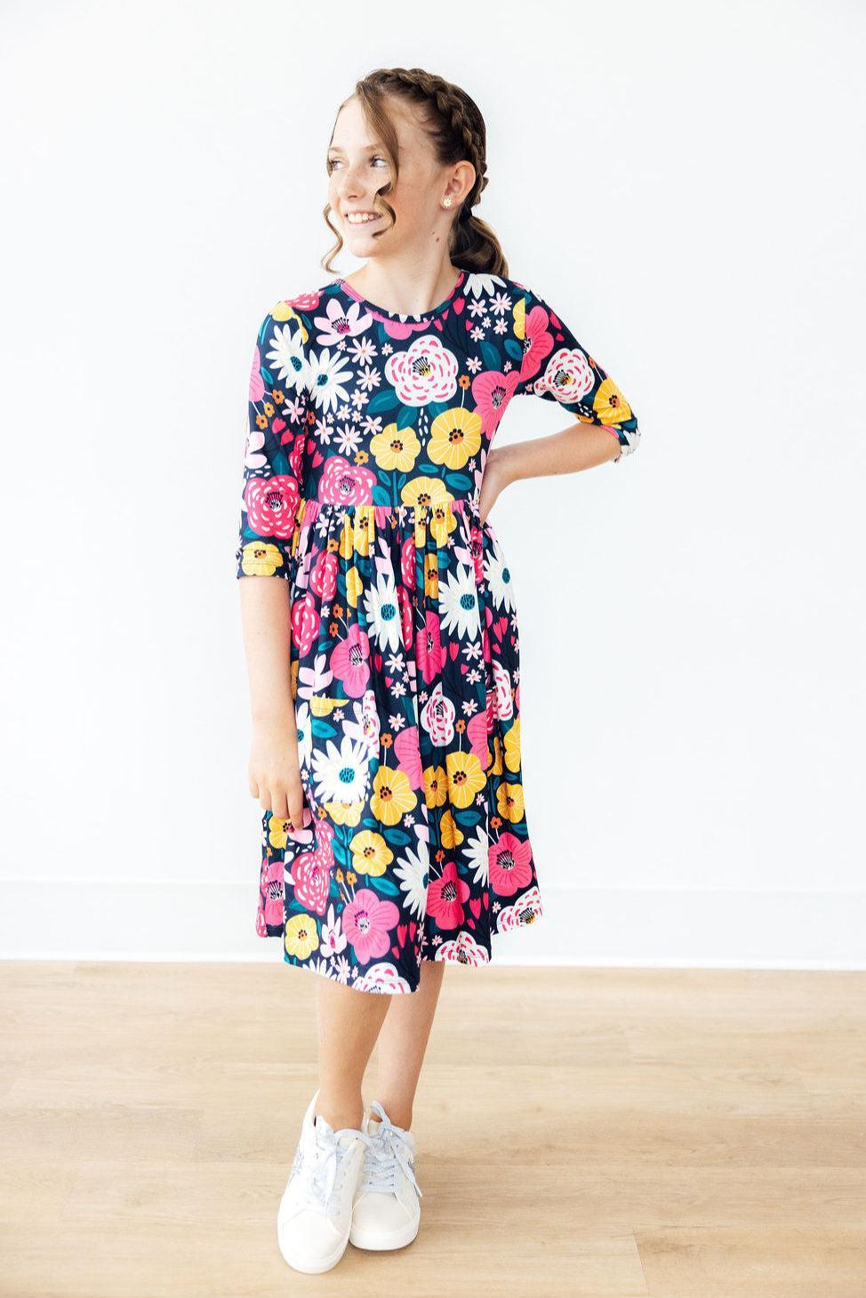 Midnight Floral 3/4 Sleeve Pocket Twirl Dress by Mila & Rose ®