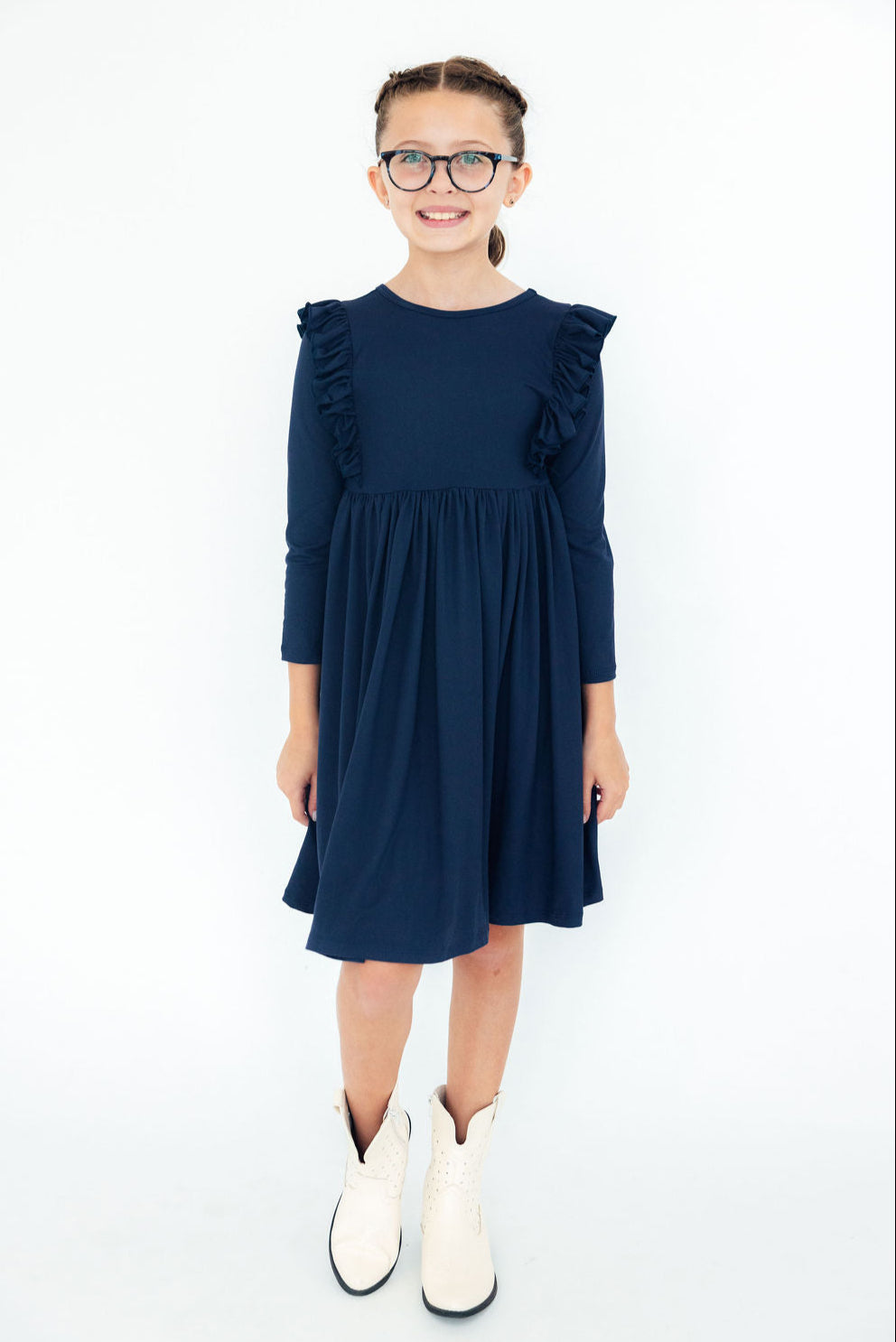 Navy L/S Ruffle Twirl Dress by Mila & Rose ®