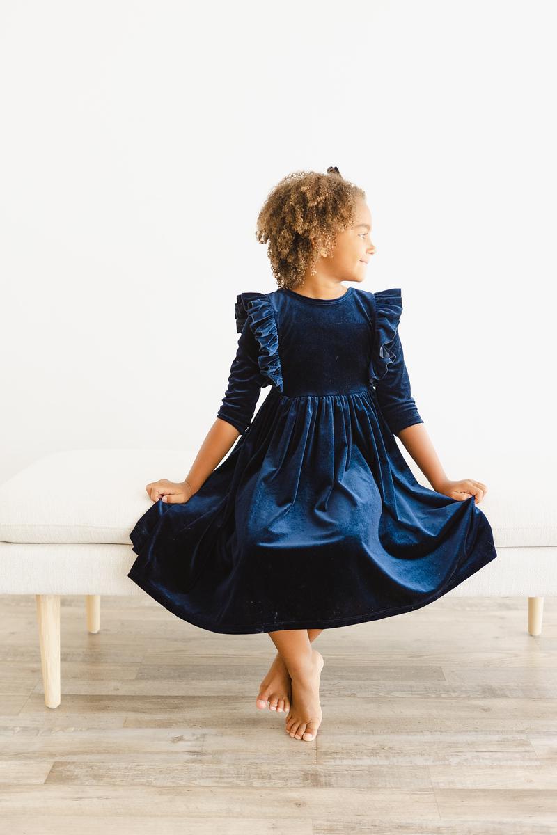 Navy Velvet Ruffle Twirl Dress by Mila & Rose ®