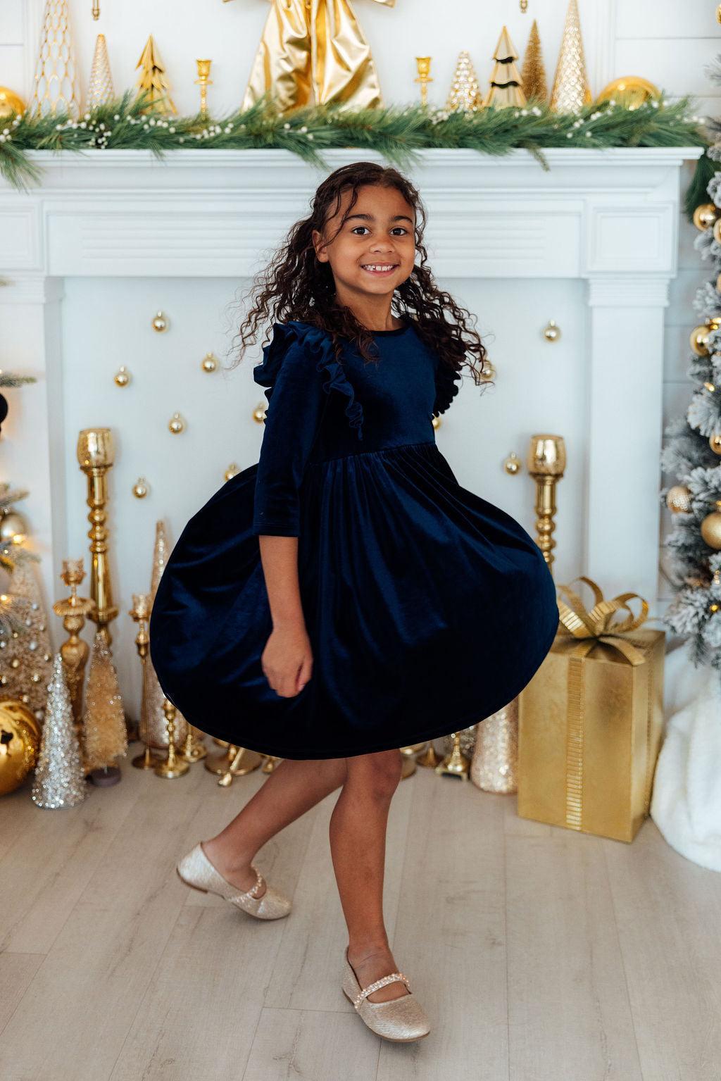 Navy Velvet Ruffle Twirl Dress by Mila & Rose ®