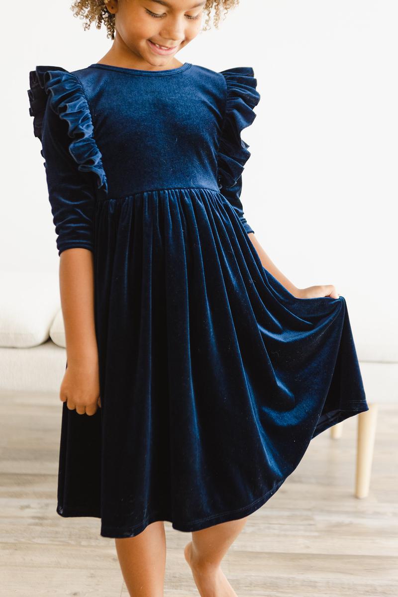 Navy Velvet Ruffle Twirl Dress by Mila & Rose ®