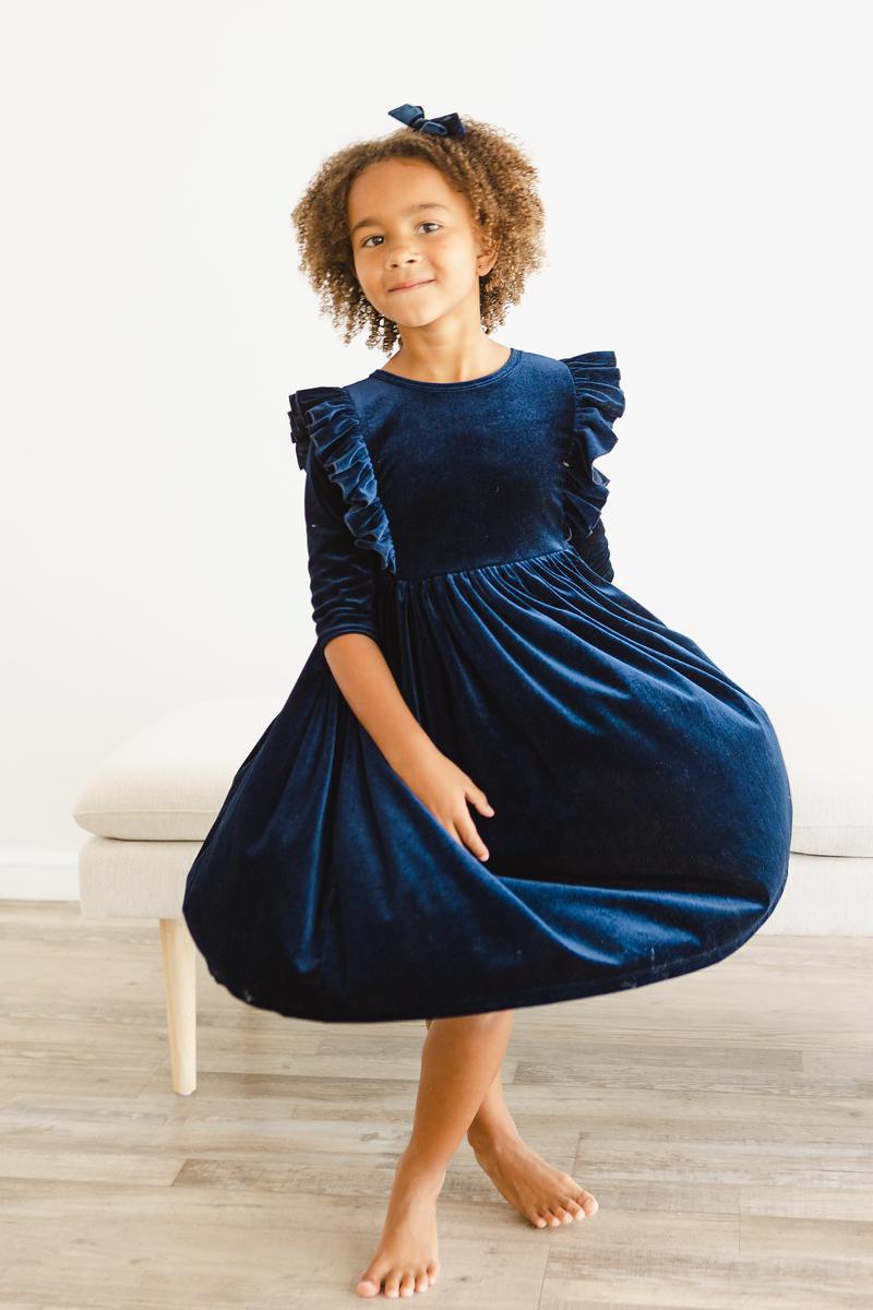 Navy Velvet Ruffle Twirl Dress by Mila & Rose ®