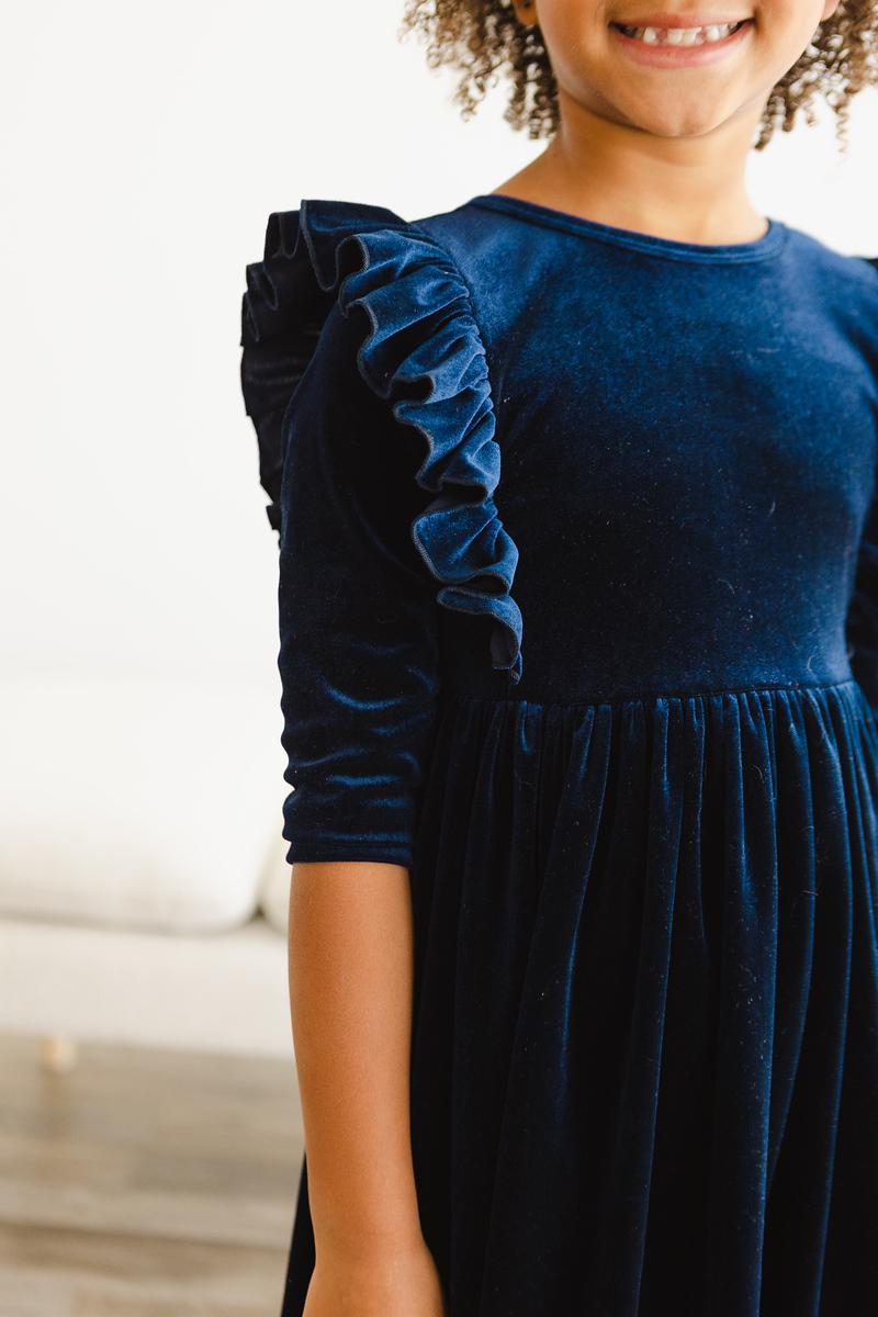 Navy Velvet Ruffle Twirl Dress by Mila & Rose ®
