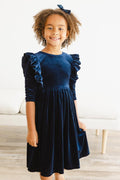 Navy Velvet Ruffle Twirl Dress by Mila & Rose ®
