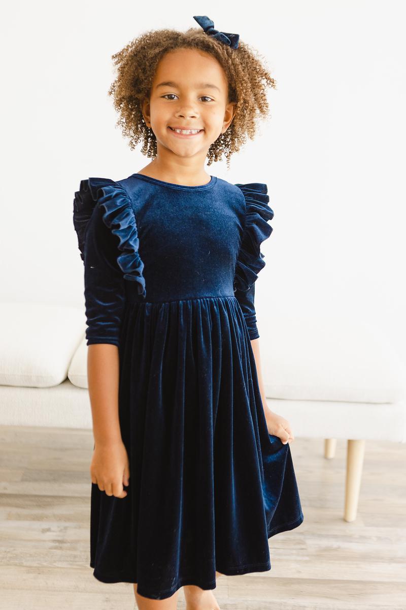 Navy Velvet Ruffle Twirl Dress by Mila & Rose ®