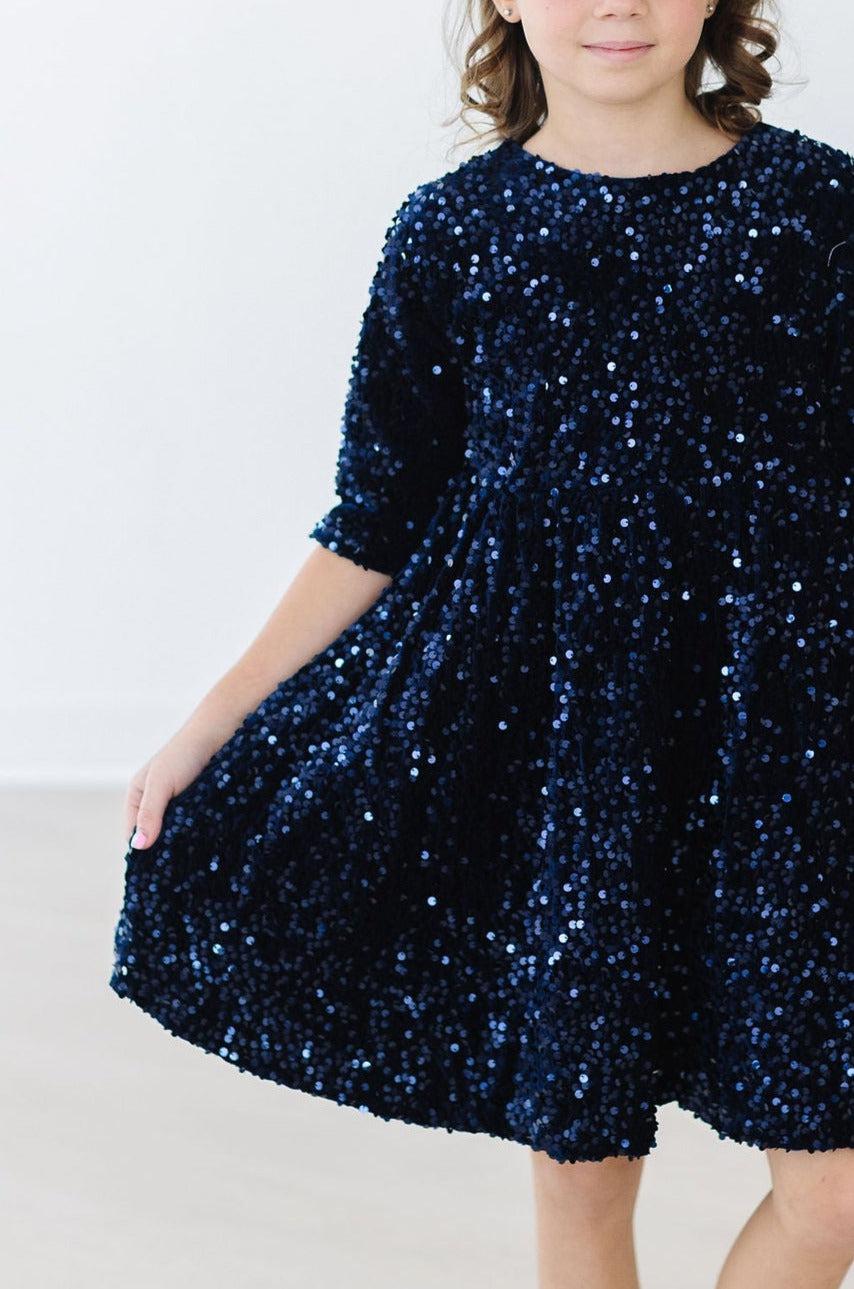 Navy Blue Velvet Sequin Dress by Mila & Rose ®